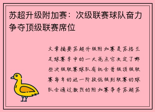 苏超升级附加赛：次级联赛球队奋力争夺顶级联赛席位